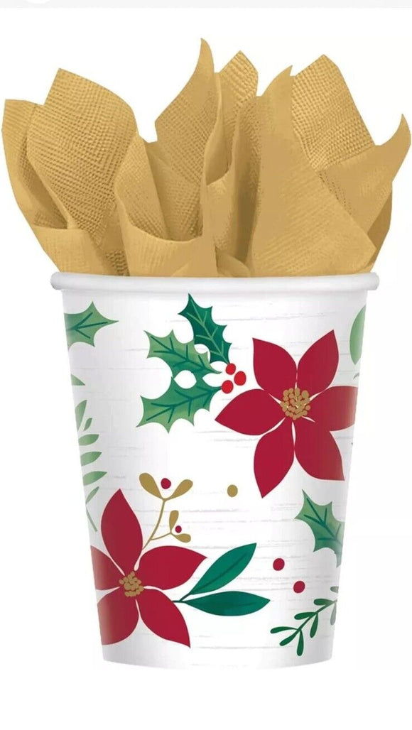 Christmas Wishes Holly Poinsettia Flower Winter Holiday Party 9 oz. Paper Cups