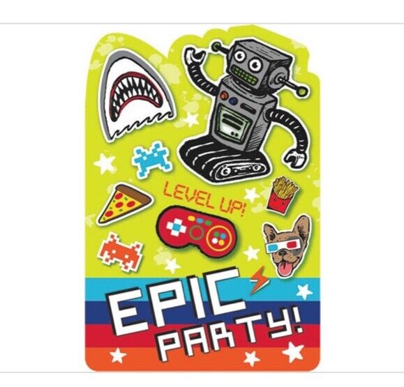 Epic Party Video Game Gamer Kids Birthday 8 Party Invitations w/Envelopes