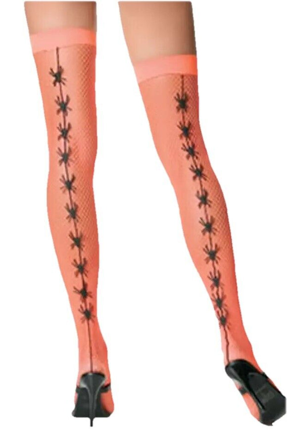 New Orange Fishnet Spider Charm Seamed Stockings WITCH HALLOWEEN ZOMBIE 9042 OS