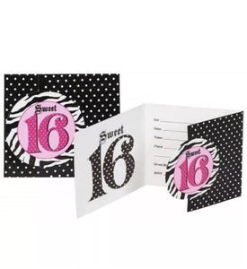 8 Super Stylish Sweet 16 Pink Black Zebra Polka Dot Birthday Party Invitations