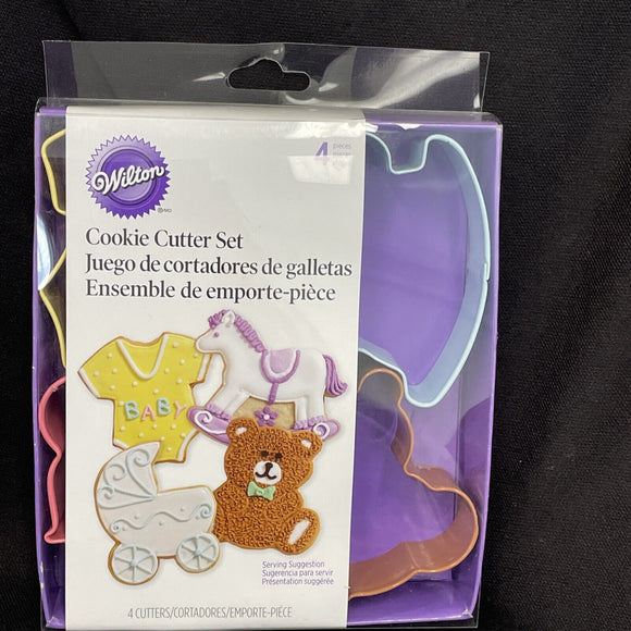 Wilton BABY Cookie Cutter Set Metal buggy bear rocking horse outfit -4 Pieces