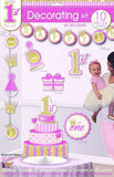 Pink 1st Birthday Room Decorating Kit 10 Pieces - Banner, Decorations, Centerpcs