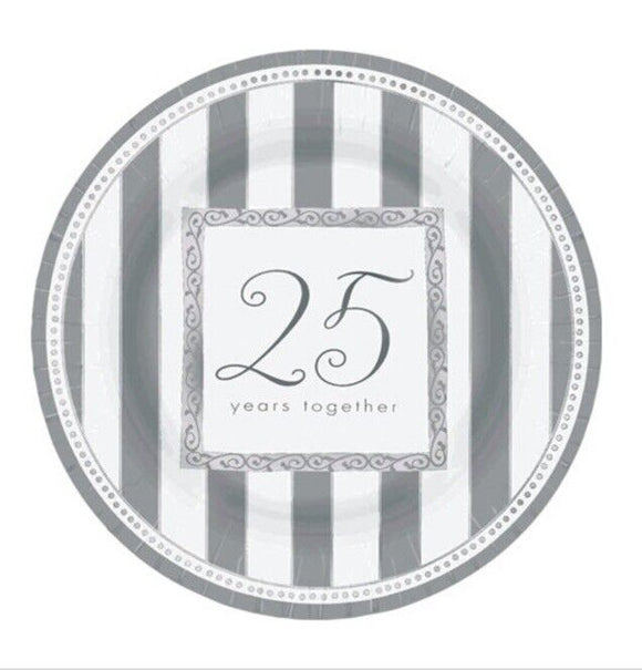 25th Wedding Anniversary 'Silver Wishes' Large Paper 10.5” Plates (8ct)