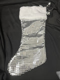 20" Silver Metallic Block Foil Christmas Stocking, Disco Ball Pom1