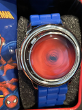 Marvel Spiderman Spinner Flip Cover LCD Youth Watch w/ Blue Band in Collectable Tin