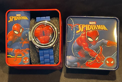 Marvel Spiderman Spinner Flip Cover LCD Youth Watch w/ Blue Band in Collectable Tin