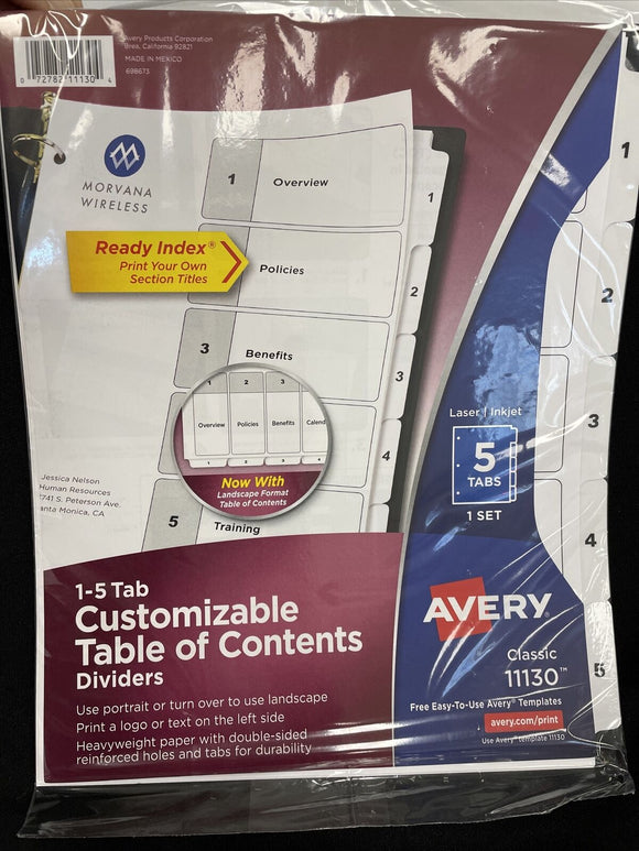 AVERY 7278211130 Binder Divider,Preprinted Tabs,White