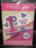 1st Birthday Girls Birthday Party Thank You Cards Flowers Butterflies 8 Count