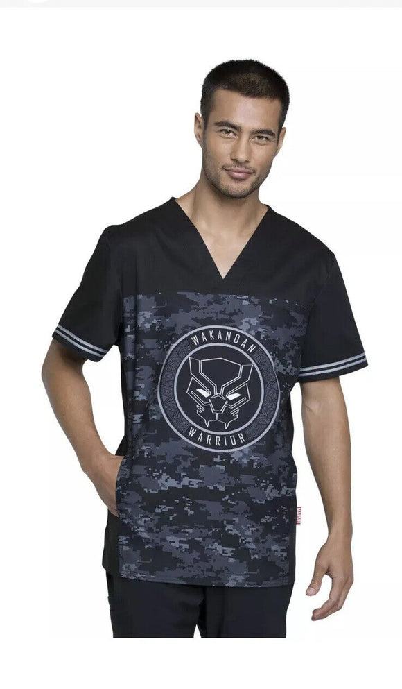 Cherokee Tooniforms Men's Black Panther Wakandan Warrior Print Scrub Top Size S