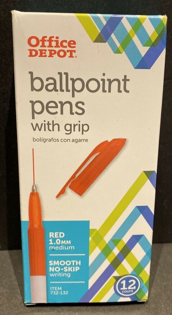 Office Depot Brand Grip Ballpoint Pens, 1.0 mm, White Barrel, Red Ink, 12-Pk