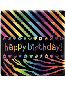 Neon Birthday Zebra Print Peace Party 7" Square Dessert Plates