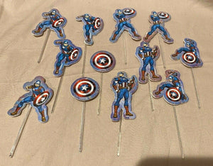Set of 12 Captain America  Cake Picks Cupcake Toppers with Picks 6 Designs NEW