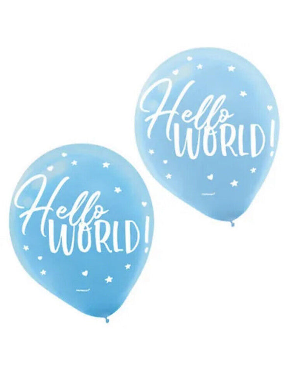 BABY SHOWER Hello World Boy LATEX BALLOONS (15) ~ Party Supplies Helium Decor