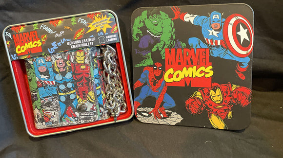 Marvel Heroes Mens Trifold Chain Leather Wallet In Collectors Tin