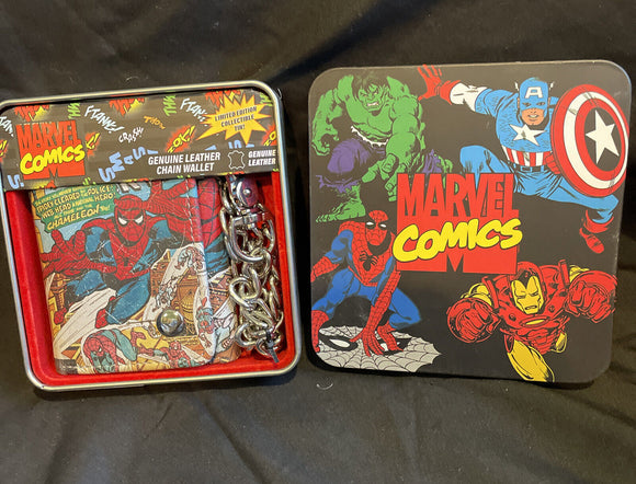 Spiderman Comics Mens Trifold Chain Leather Wallet In Collectors Tin