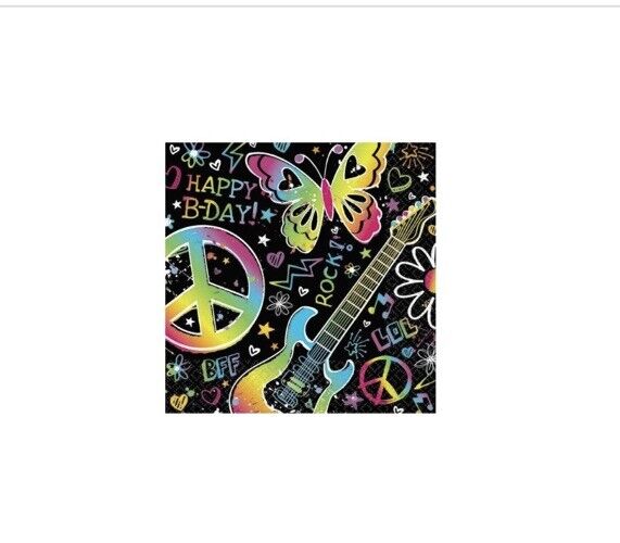 Neon Doodle Peace Butterflies Rock Birthday Beverage Napkins 16Ct