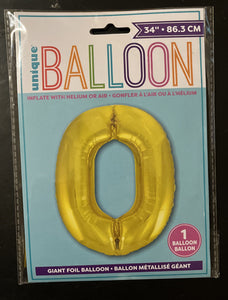 34" Foil Gold Number 0 Balloon