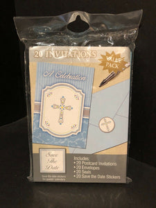 Silver Cross Blue Religious Christian Party Invitations 20  - A Celebration NEW