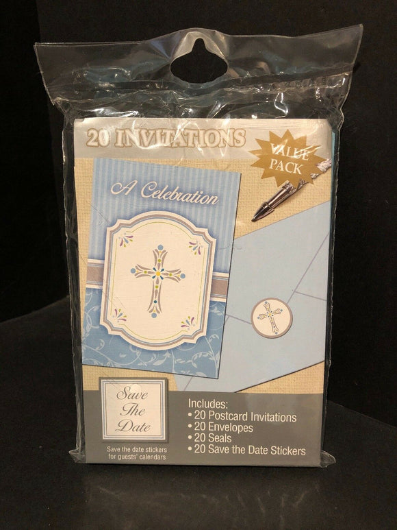 Silver Cross Blue Religious Christian Party Invitations 20  - A Celebration NEW