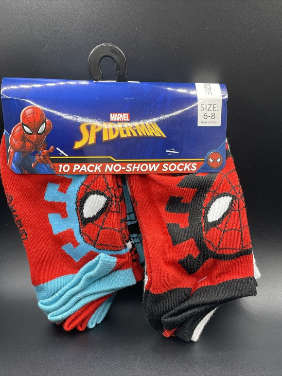 Marvel Spiderman Face Pose & Logo Kids 10 Pack No Show Socks Size 6-8