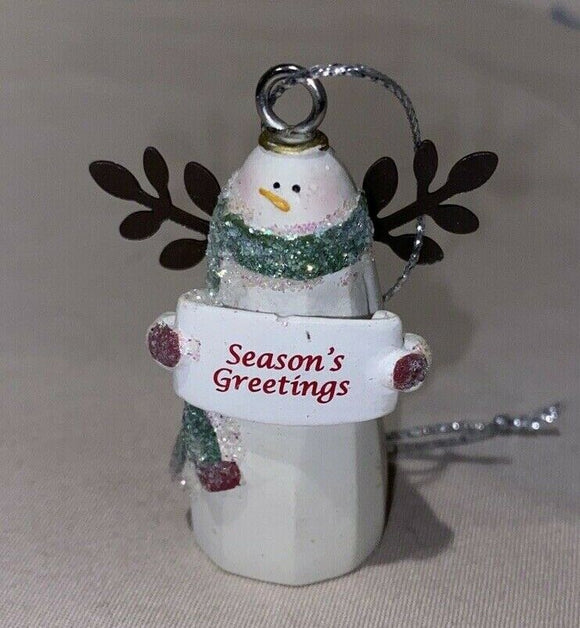 Ceramic Snowman Glitter 2” Ornament “Season’s Greetings” NEW