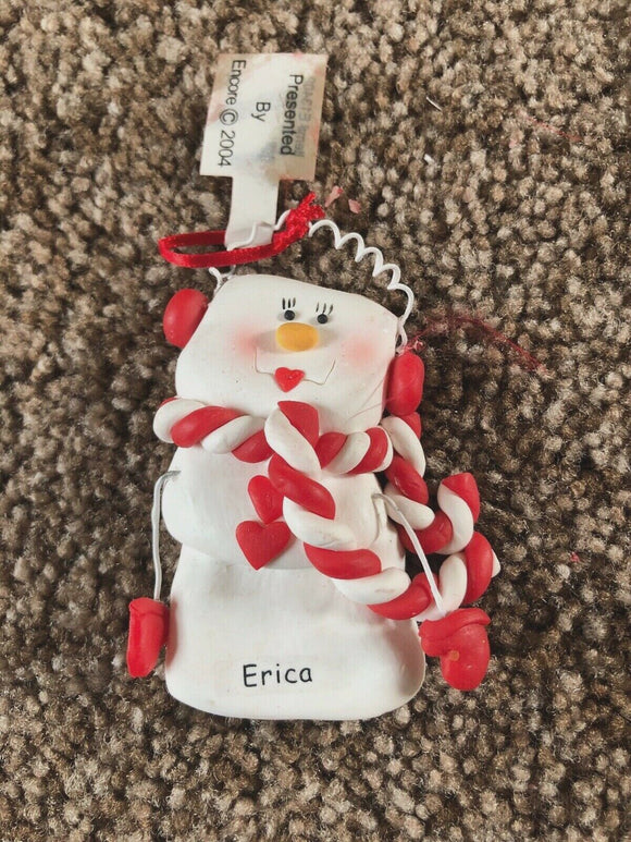 Erica Personalized Snowman Ornament Encore 2004 Red Scarf Red Bittons NEW
