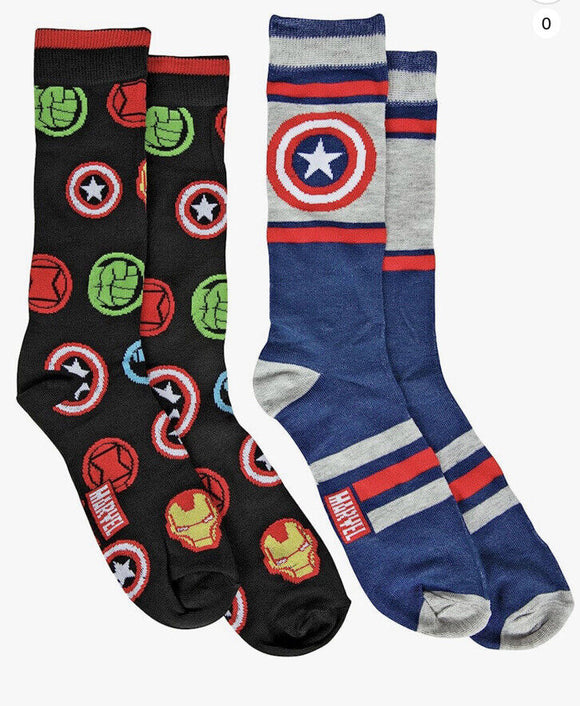 Marvel Captain America Striped Symbol & Avengers Logos 2Pack Mens Socks Size 6-12