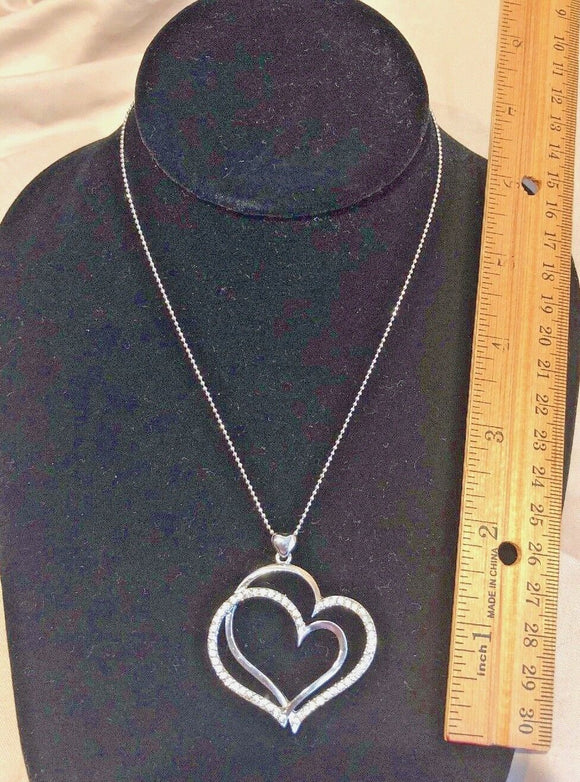 All About Double Heart Silver/CZ Pendant Adjustable Chain NEW