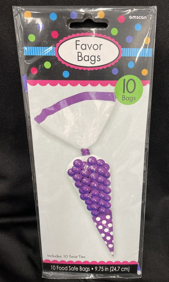 Amscan Cone Shaped Plastic Party Goodie Bags -Pack Of 10 W/Twist Ties Purple