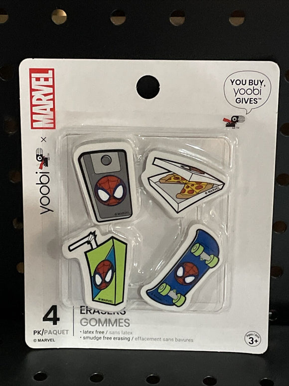 Yoobi x Marvel Spider-Man pizza, skateboard, phone, juice box Erasers NEW