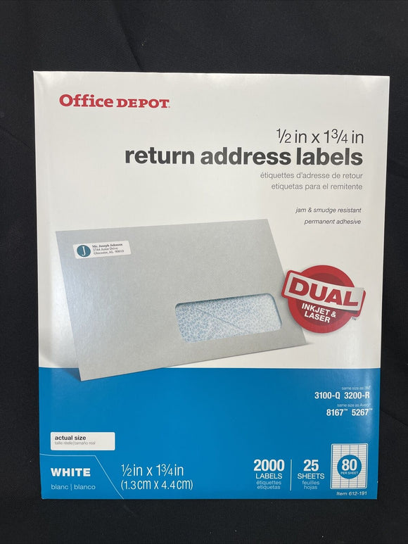 Office Depot White Inkjet/laser Return Address Labels, 1/2 In. X 1 3/4 Inch