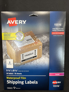 Avery Weatherproof Mailing Labels 5-1/2"x8-1/2" 20 Labels  15516