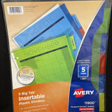 Avery 5-Tab Plastic Binder Dividers, Insertable Translucent Multicolor Big Tabs