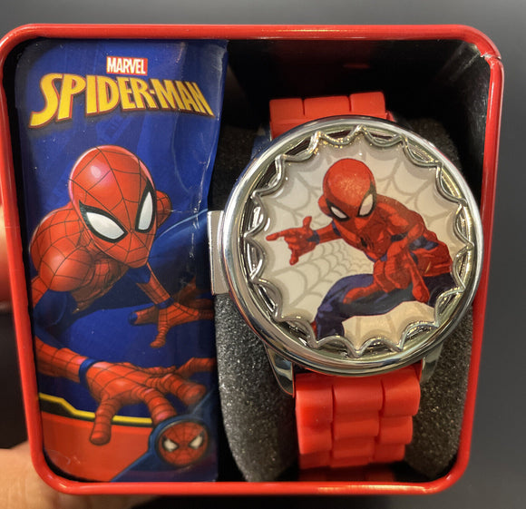 Spiderman Action Pose Spinner Flip Cover LCD Kids Watch Red Band Collectable Box Marvel