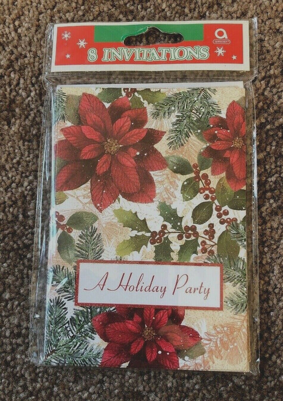 Amscan Green And Red Floral Holiday Invitation Cards 8 Cards Christmas NEW