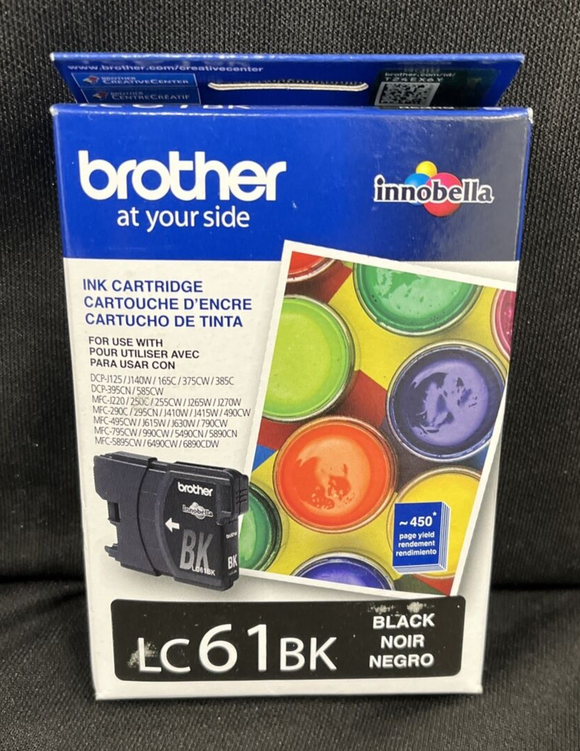 Genuine Brother LC61BK -Ink Cartridge, 450 Page-Yield, Black