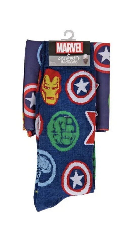 Marvel Mens Avengers Heroes Symbols Crew Sock & Bandana Combo New