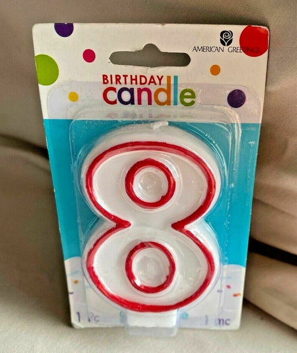 American Greetings #8 Candle White with Red Outline NEW