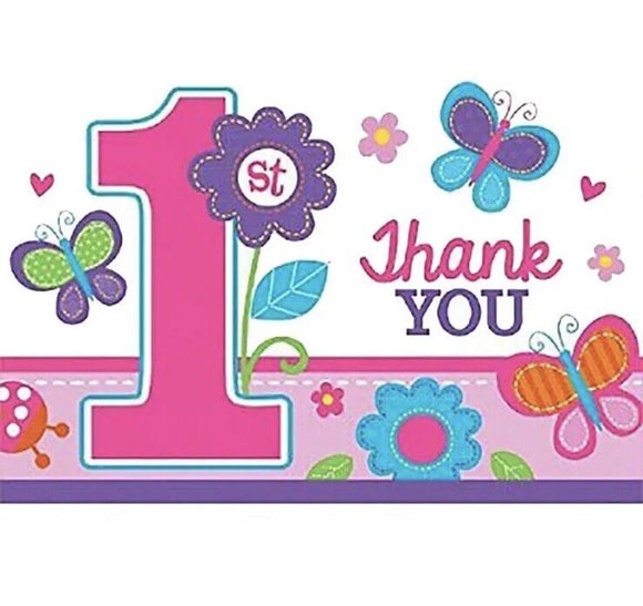 1st Birthday Girls Birthday Party Thank You Cards Flowers Butterflies 8 Count