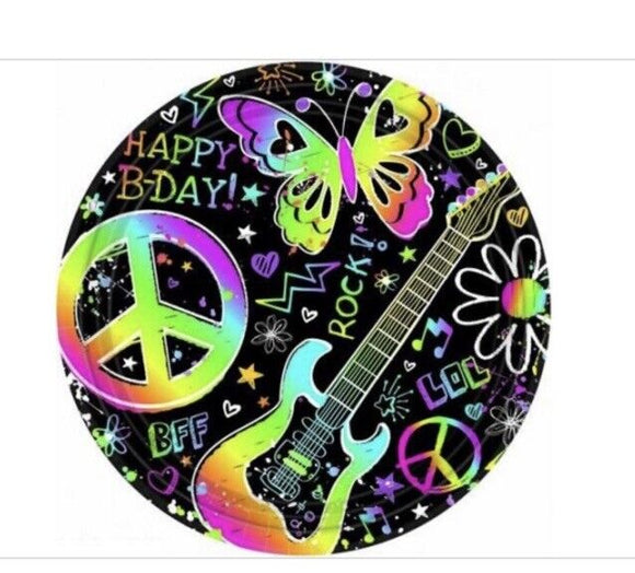 Neon Doodle Peace Butterflies & Rock Small Paper Plates (8ct)