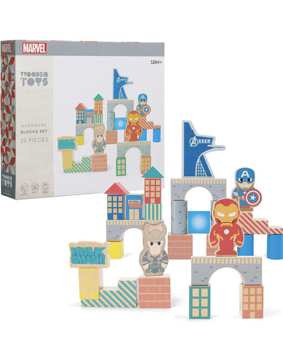 Marvel Wooden Toys Avengers 29 pc Block Set Ages 18 mo +