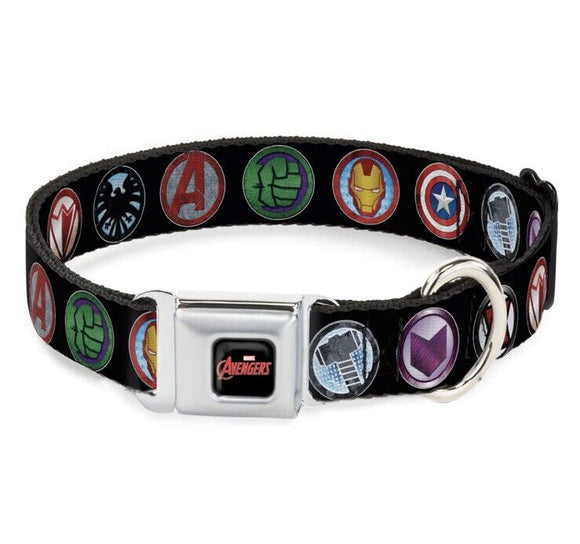 Buckle Down 9 Avengers Icon Logos WAV065 Dog Collar Sz L Seatbelt Closure Marvel