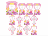 12 Piece Cutout Decorations for Girls First Communion Pink & White