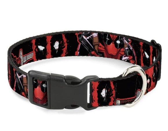Marvel Deadpool 2-Action Poses Splatter Logo Blk WDP031 Plastic Clip Dog Collar Sz L