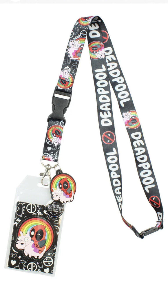 Marvel Deadpool Lanyard with Unicorn Rainbow Charm and Detachable ID Holder