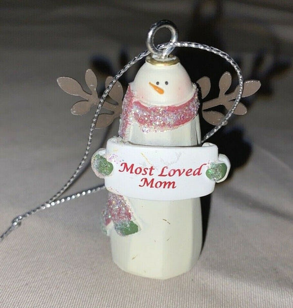 Ceramic Snowman Glitter 2” Ornament “Most Loved Mom” NEW