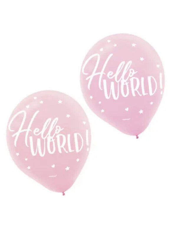 BABY SHOWER Hello World Girl LATEX BALLOONS (15) ~ Party Supplies Helium Pink