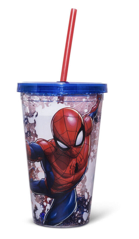 Marvel Spiderman Snow Globe 14 Oz Plastic Tumbler W/Straw