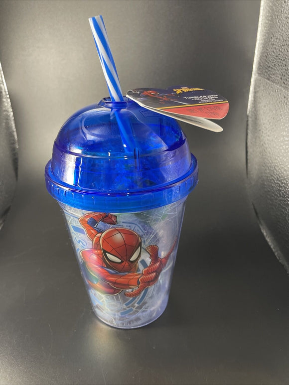 Marvel Spider-Man 16 oz Blue Tumbler with Straw & Lid with lights