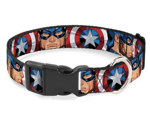 Buckle Down Plastic Clip 1” Dog Collar Captain America Face & Shield  Sz Large WCA047